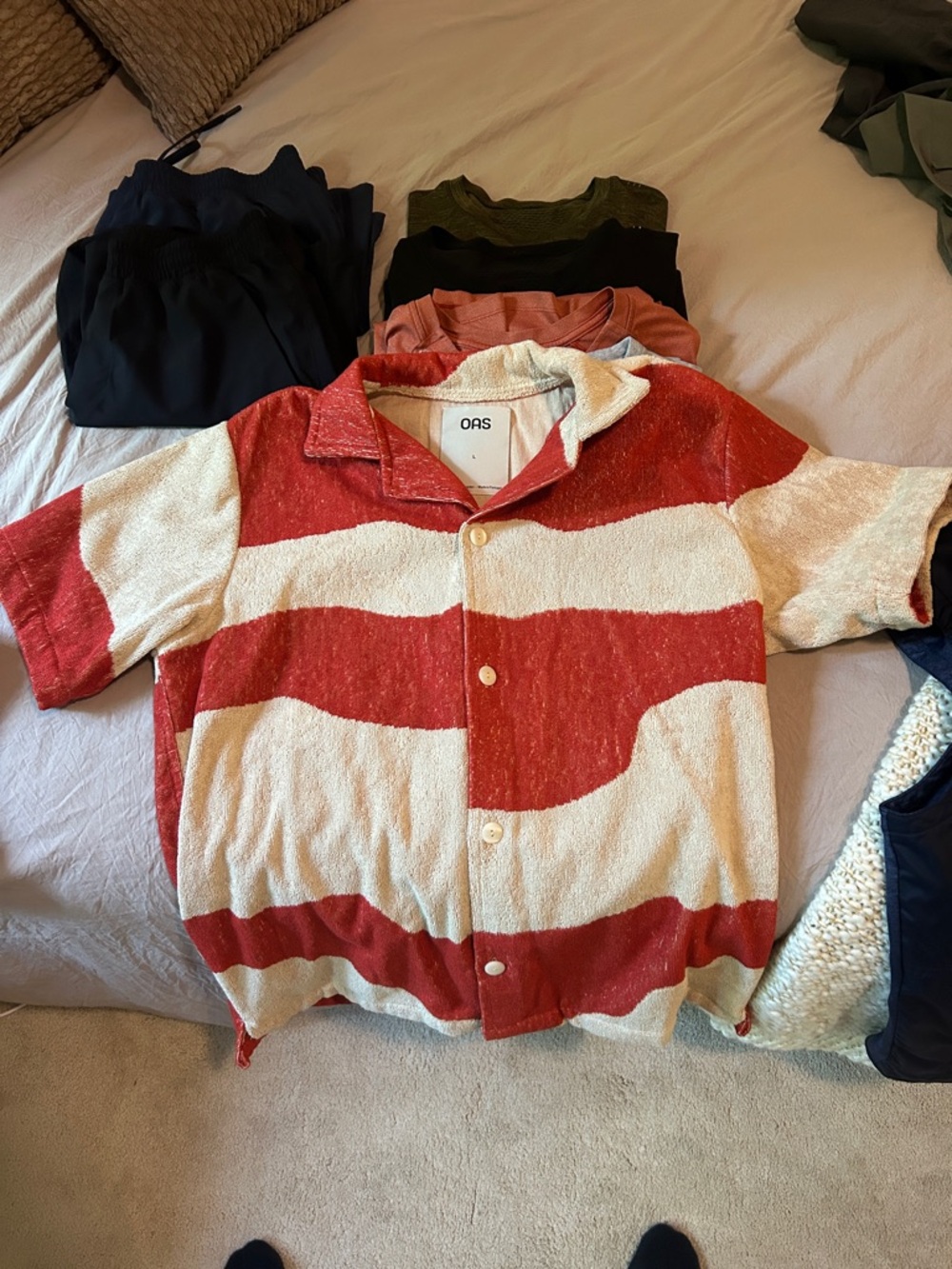 OAS Red and Cream Striped Short-Sleeve Button-Down Shirt